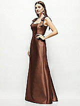 Side View Thumbnail - Cognac Satin Fit and Flare Maxi Dress with Shoulder Bows