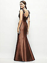 Rear View Thumbnail - Cognac Satin Fit and Flare Maxi Dress with Shoulder Bows