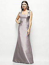 Front View Thumbnail - Cashmere Gray Satin Fit and Flare Maxi Dress with Shoulder Bows