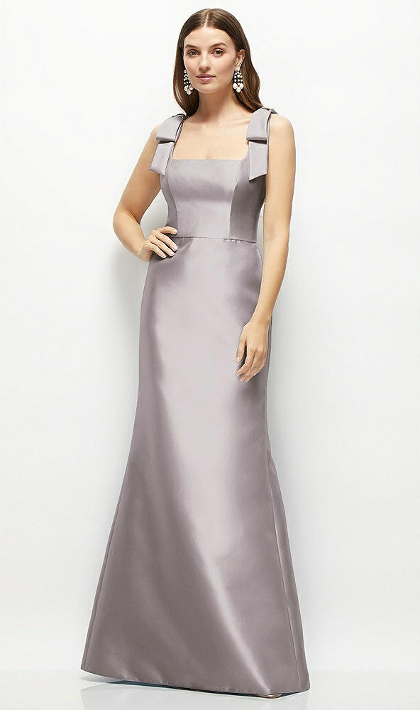 Front View - Cashmere Gray Satin Fit and Flare Maxi Dress with Shoulder Bows