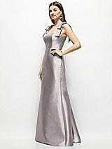 Side View Thumbnail - Cashmere Gray Satin Fit and Flare Maxi Dress with Shoulder Bows