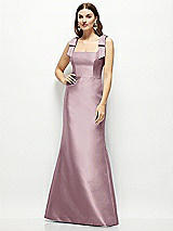 Front View Thumbnail - Dusty Rose Satin Fit and Flare Maxi Dress with Shoulder Bows