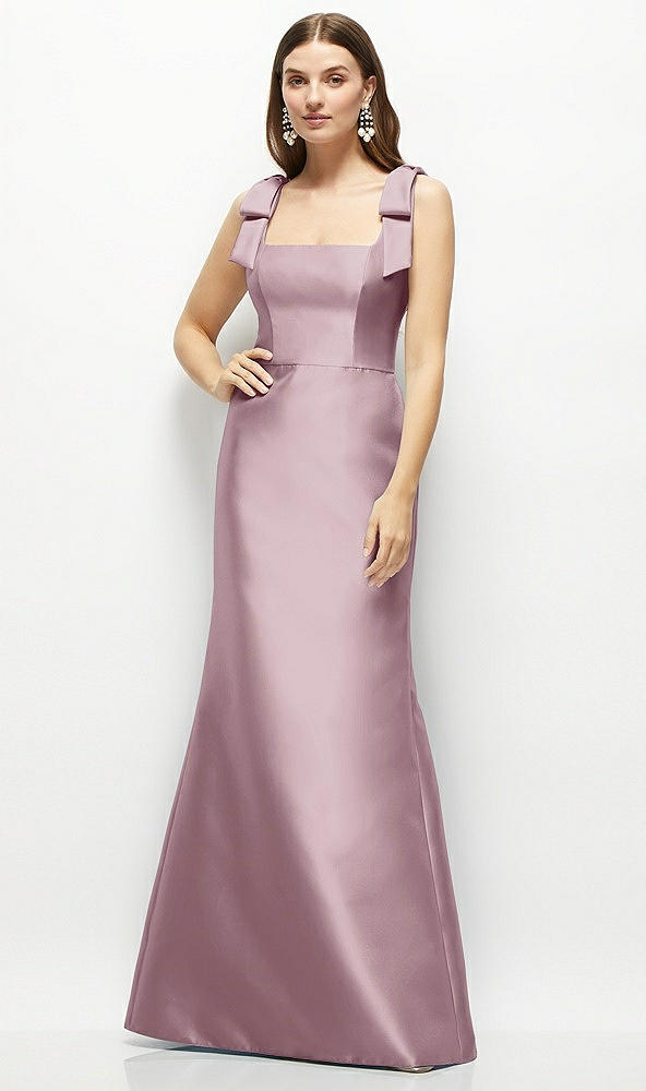 Front View - Dusty Rose Satin Fit and Flare Maxi Dress with Shoulder Bows