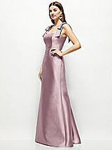 Side View Thumbnail - Dusty Rose Satin Fit and Flare Maxi Dress with Shoulder Bows