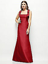 Front View Thumbnail - Garnet Satin Fit and Flare Maxi Dress with Shoulder Bows