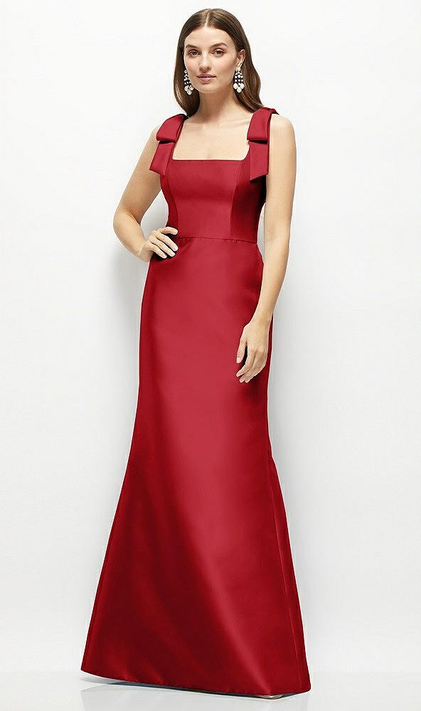 Front View - Garnet Satin Fit and Flare Maxi Dress with Shoulder Bows