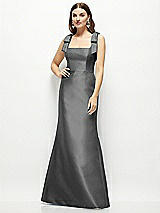 Front View Thumbnail - Gunmetal Satin Fit and Flare Maxi Dress with Shoulder Bows
