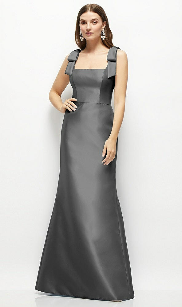 Front View - Gunmetal Satin Fit and Flare Maxi Dress with Shoulder Bows