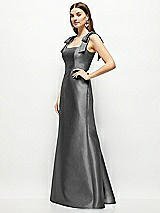 Side View Thumbnail - Gunmetal Satin Fit and Flare Maxi Dress with Shoulder Bows