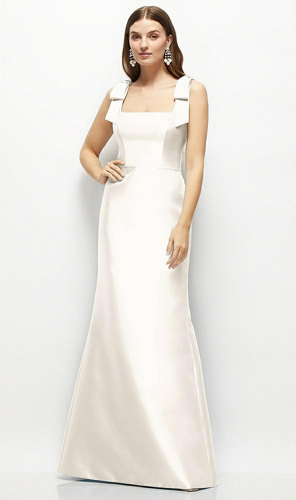 Front View - Ivory Satin Fit and Flare Maxi Dress with Shoulder Bows