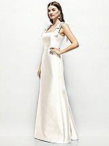 Side View Thumbnail - Ivory Satin Fit and Flare Maxi Dress with Shoulder Bows