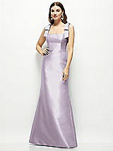 Front View Thumbnail - Lilac Haze Satin Fit and Flare Maxi Dress with Shoulder Bows