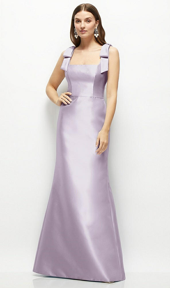 Front View - Lilac Haze Satin Fit and Flare Maxi Dress with Shoulder Bows