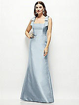 Front View Thumbnail - Mist Satin Fit and Flare Maxi Dress with Shoulder Bows