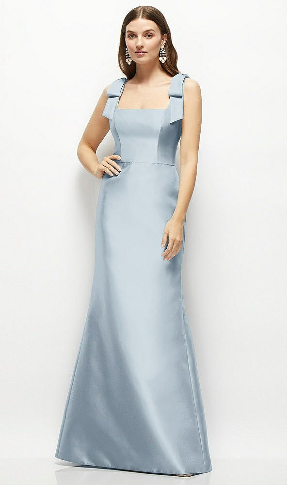 Front View - Mist Satin Fit and Flare Maxi Dress with Shoulder Bows