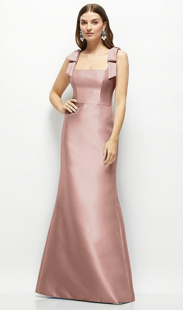 Front View - Neu Nude Satin Fit and Flare Maxi Dress with Shoulder Bows