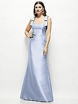 Front View Thumbnail - Sky Blue Satin Fit and Flare Maxi Dress with Shoulder Bows