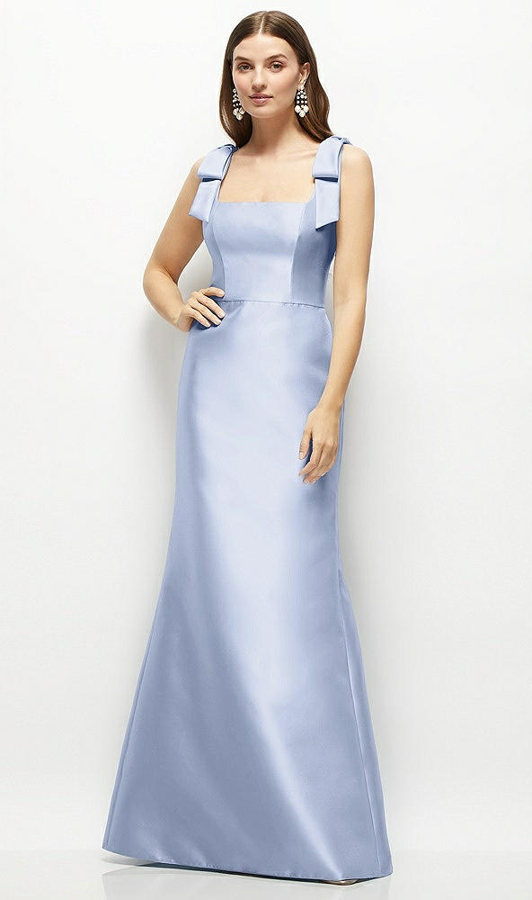 Front View - Sky Blue Satin Fit and Flare Maxi Dress with Shoulder Bows