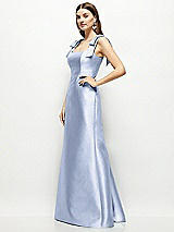 Side View Thumbnail - Sky Blue Satin Fit and Flare Maxi Dress with Shoulder Bows