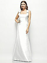 Front View Thumbnail - White Satin Fit and Flare Maxi Dress with Shoulder Bows