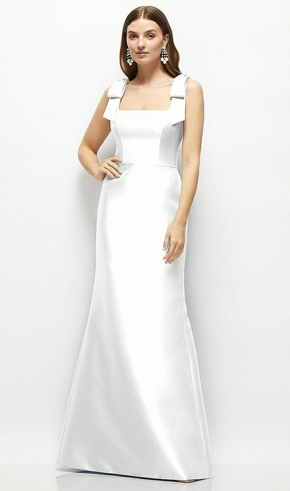 Front View - White Satin Fit and Flare Maxi Dress with Shoulder Bows