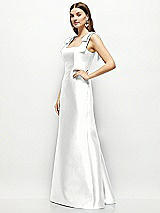 Side View Thumbnail - White Satin Fit and Flare Maxi Dress with Shoulder Bows