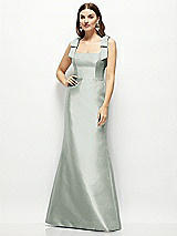 Front View Thumbnail - Willow Green Satin Fit and Flare Maxi Dress with Shoulder Bows