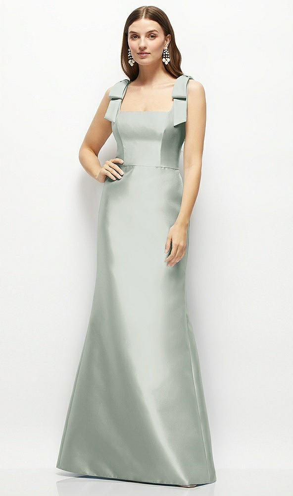 Front View - Willow Green Satin Fit and Flare Maxi Dress with Shoulder Bows
