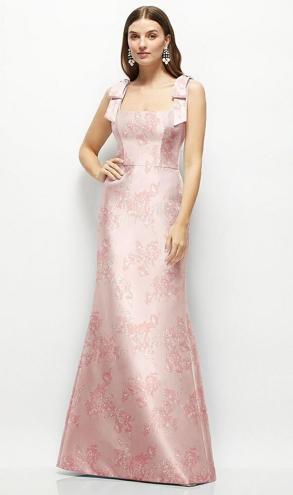 Front View - Bow And Blossom Print Floral Satin Fit and Flare Maxi Dress with Shoulder Bows