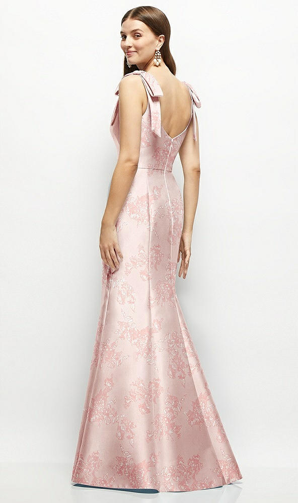 Back View - Bow And Blossom Print Floral Satin Fit and Flare Maxi Dress with Shoulder Bows