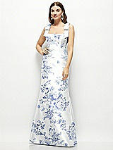 Front View Thumbnail - Cottage Rose Larkspur Floral Satin Fit and Flare Maxi Dress with Shoulder Bows