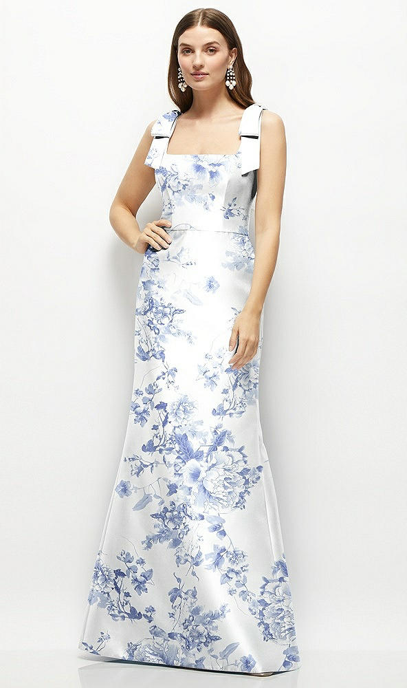 Front View - Cottage Rose Larkspur Floral Satin Fit and Flare Maxi Dress with Shoulder Bows