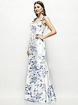 Side View Thumbnail - Cottage Rose Larkspur Floral Satin Fit and Flare Maxi Dress with Shoulder Bows