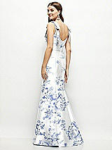 Rear View Thumbnail - Cottage Rose Larkspur Floral Satin Fit and Flare Maxi Dress with Shoulder Bows