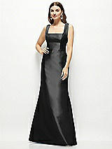 Front View Thumbnail - Black Satin Square Neck Fit and Flare Maxi Dress