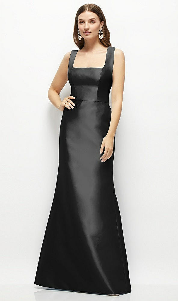 Front View - Black Satin Square Neck Fit and Flare Maxi Dress