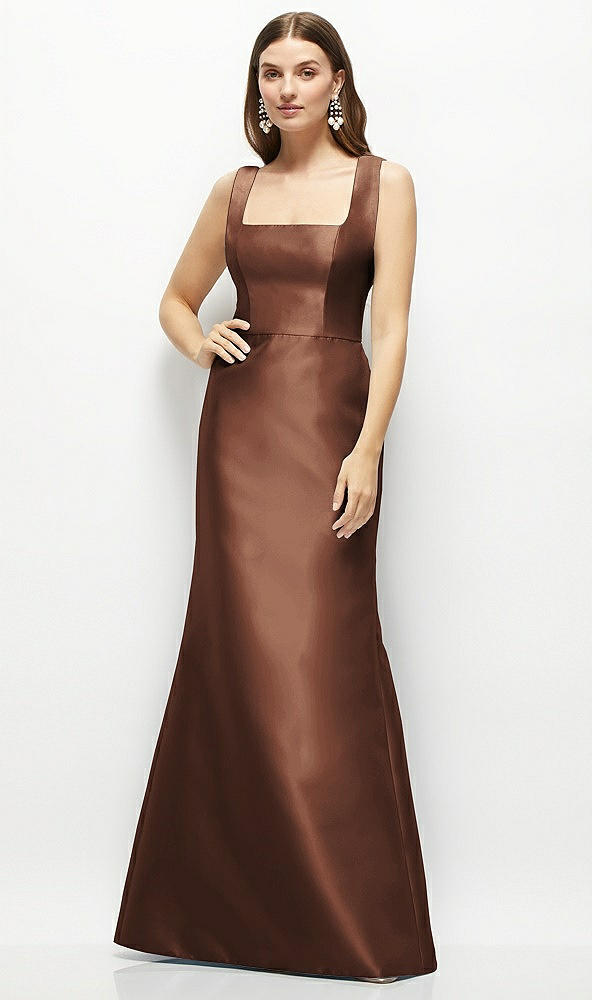 Front View - Cognac Satin Square Neck Fit and Flare Maxi Dress
