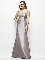 Front View Thumbnail - Cashmere Gray Satin Square Neck Fit and Flare Maxi Dress