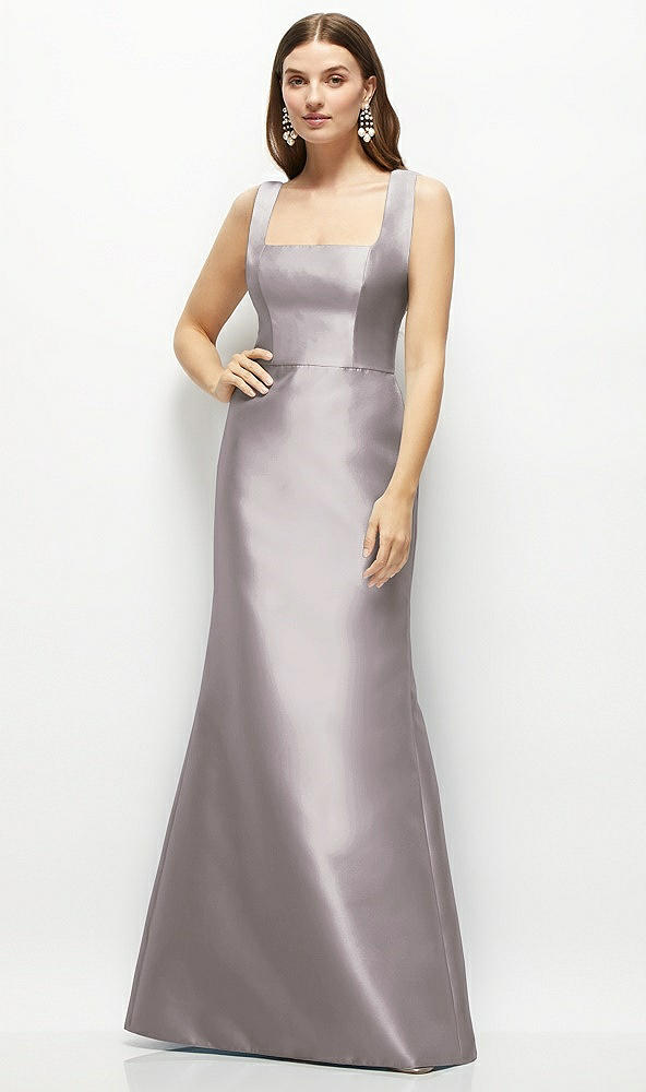 Front View - Cashmere Gray Satin Square Neck Fit and Flare Maxi Dress