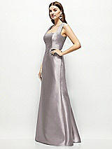 Side View Thumbnail - Cashmere Gray Satin Square Neck Fit and Flare Maxi Dress