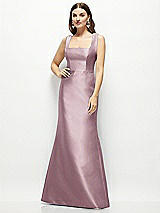 Front View Thumbnail - Dusty Rose Satin Square Neck Fit and Flare Maxi Dress