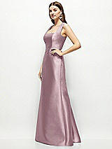 Side View Thumbnail - Dusty Rose Satin Square Neck Fit and Flare Maxi Dress