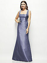 Front View Thumbnail - French Blue Satin Square Neck Fit and Flare Maxi Dress