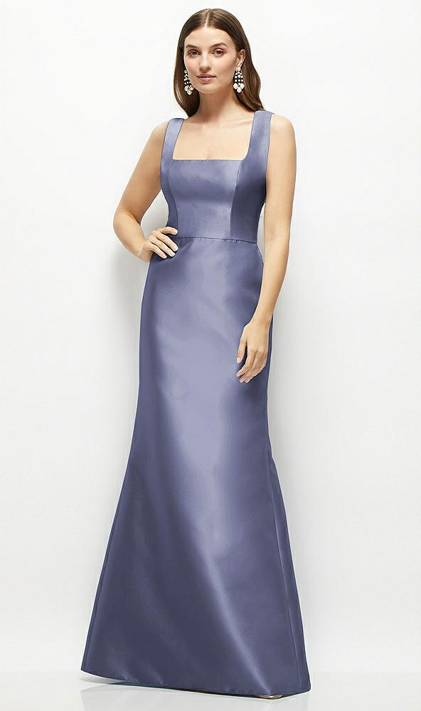 Front View - French Blue Satin Square Neck Fit and Flare Maxi Dress