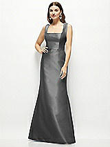 Front View Thumbnail - Gunmetal Satin Square Neck Fit and Flare Maxi Dress