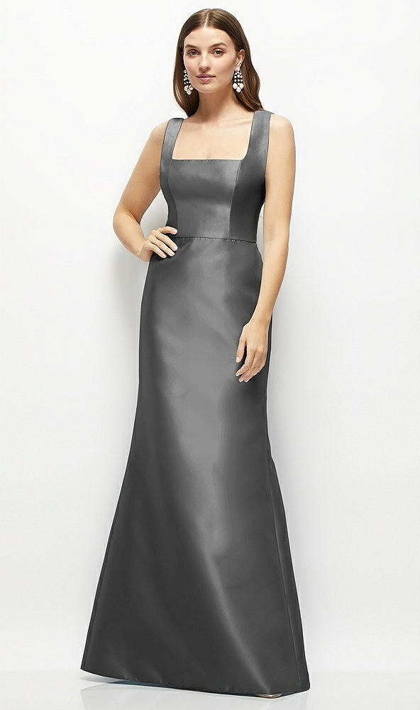 Front View - Gunmetal Satin Square Neck Fit and Flare Maxi Dress
