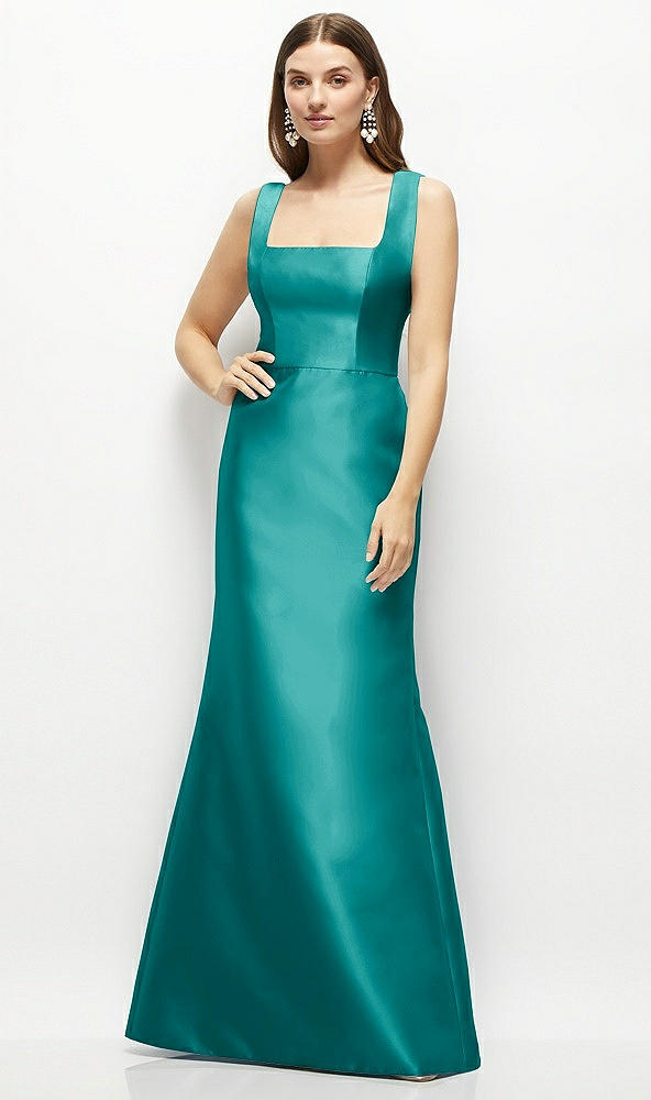 Front View - Jade Satin Square Neck Fit and Flare Maxi Dress