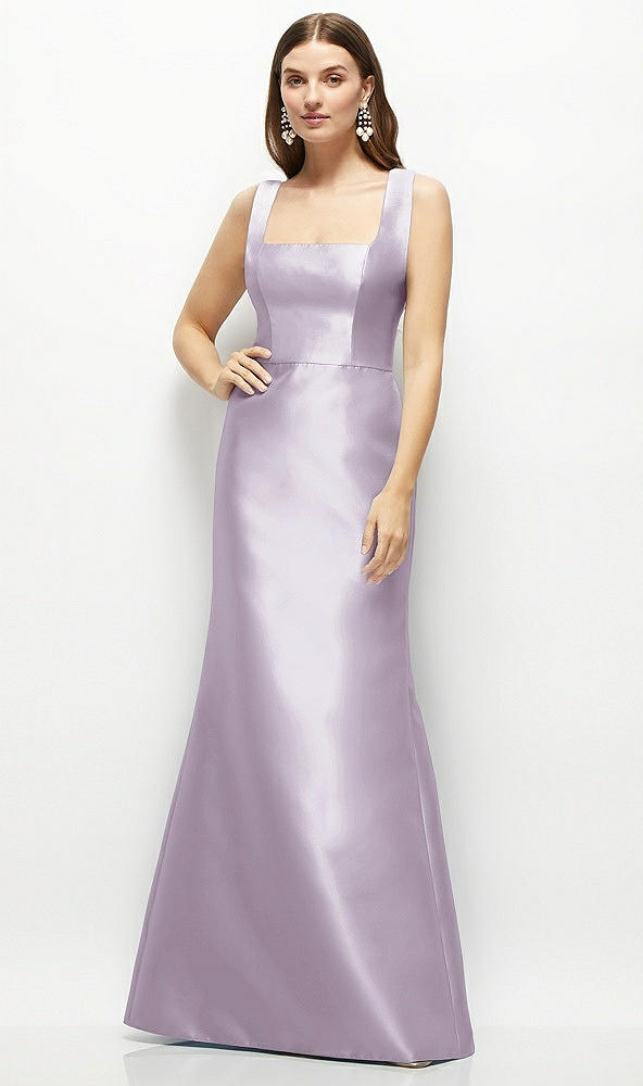 Front View - Lilac Haze Satin Square Neck Fit and Flare Maxi Dress