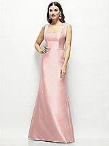 Front View Thumbnail - Rose - PANTONE Rose Quartz Satin Square Neck Fit and Flare Maxi Dress