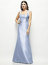 Front View Thumbnail - Sky Blue Satin Square Neck Fit and Flare Maxi Dress